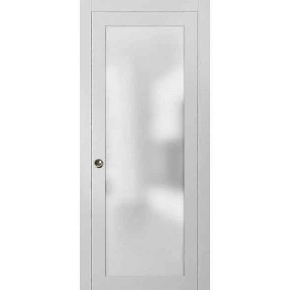 Sliding Pocket Door with Frosted Tempered Glass | Planum 2102 White Silk | Kit Trims Rail Hardware | Solid Wood Interior Bedroom Bathroom Closet Sturdy Doors-18" x 80"