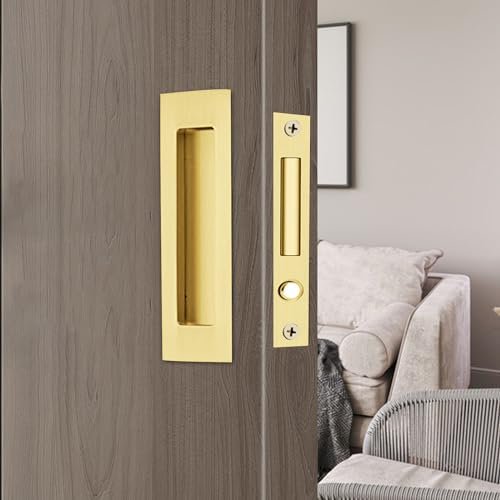 Sliding Pocket Door Handles, 304 Stainless Steel Non Locking Pocket Door Hardware, Recessed Flush Finger Pulls, Heavy Duty Edge Pull with Pop Out Ring Pull (Satin Brass (2 Set), 6 inch)