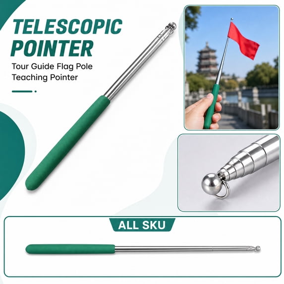 Sliding Pointer Stick for Classroom Stainless Steel Teacher Pointer Stick with Green Foam Handle Presentation Tool Classroom Essentials for Teachers 1 Pack