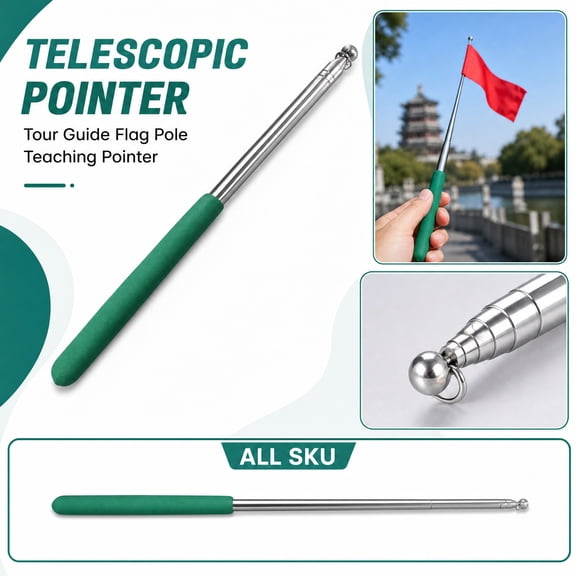 Sliding Pointer Stick for Classroom Stainless Steel Teacher Pointer Stick with Green Foam Handle Presentation Tool Classroom Essentials for Teachers 1 Pack