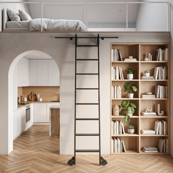 Toyandona Black Rolling Library Ladder with Hook Track and Locking Brake Wheels