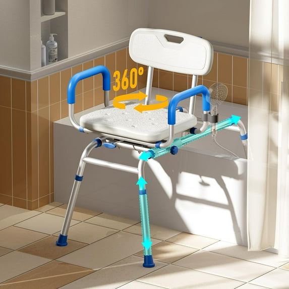 Sliding Shower Chair with Extra-Wide Swivel Seat Tub Transfer Bench &; Padded Arms Adjustable Height for Elderly &; Disabled Inside Shower Rectangular
