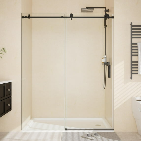 Sliding Shower Door, 44-48 inch W×76 inch H Glass Shower Door with Stainless Steel Frame, One Fixed One Sliding Panel, Matte Black, Ideal for Bathtub and Bathroom