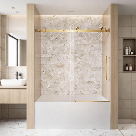 Sliding Shower Door Luxury Bathroom Fit 1/4 Inch Clear Tempered Glass Gold Finish 56-60 W x 60 H Inches