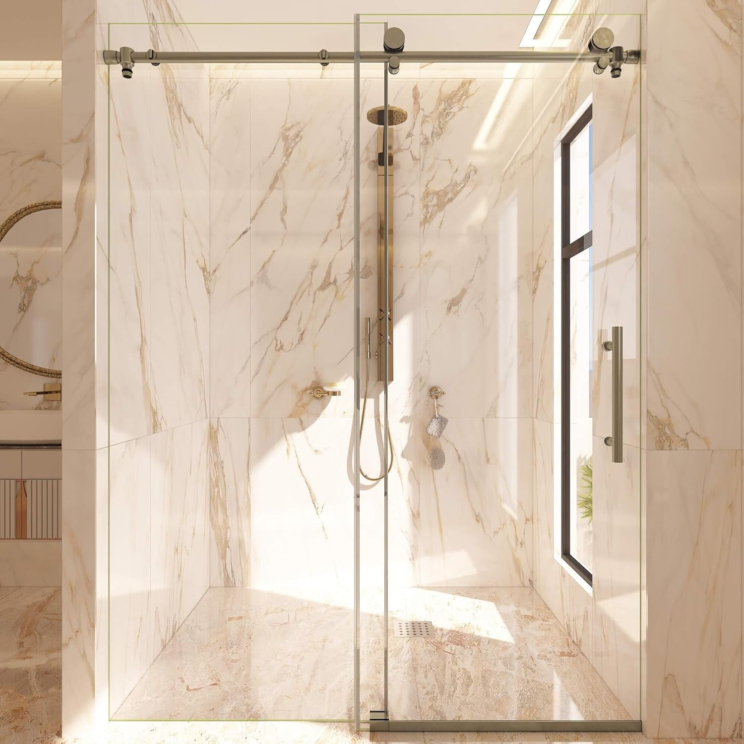 Brushed Nickel Frameless Sliding Shower Door with Clear Tempered Glass