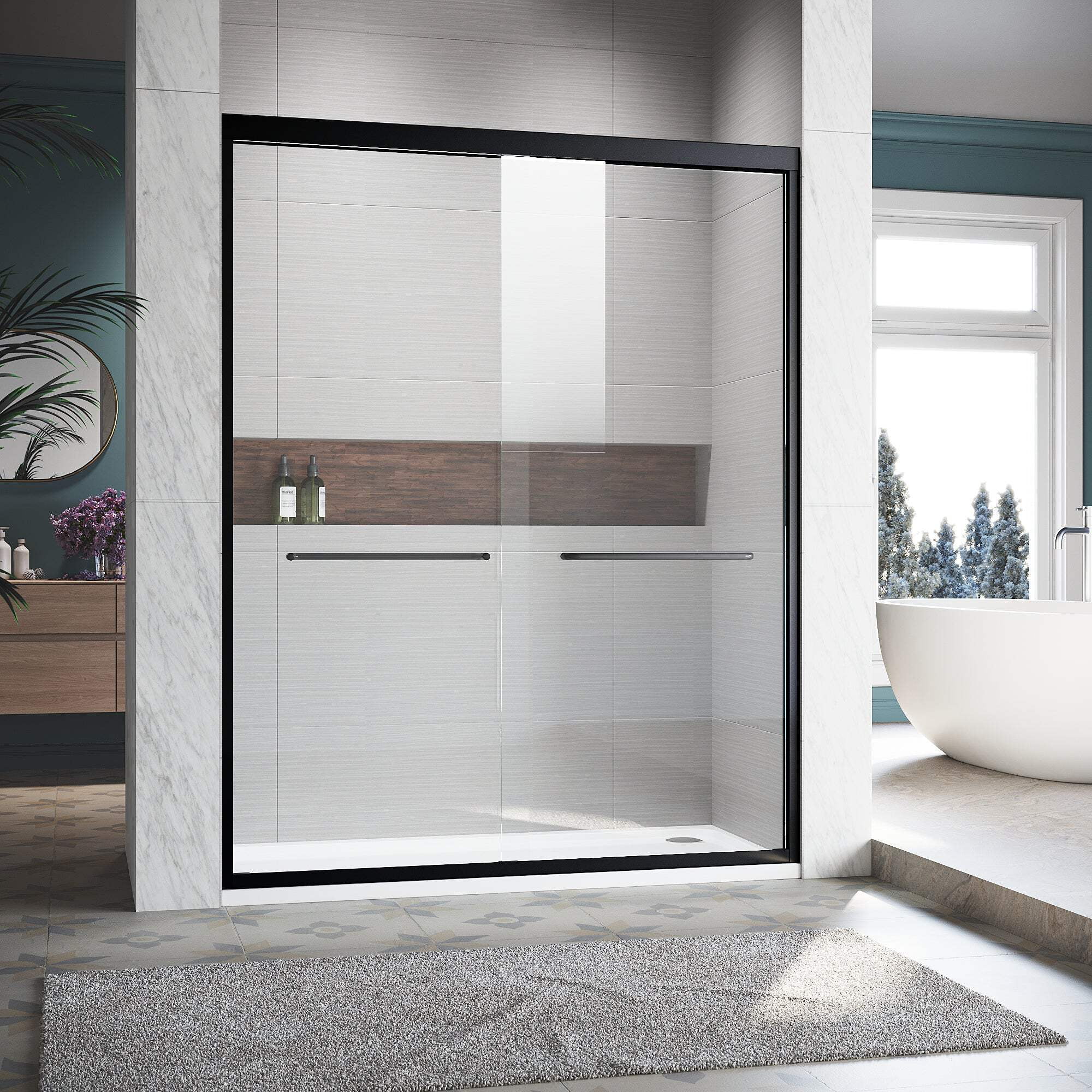 Matte Black Semi-Frameless Sliding Shower Door with Clear Tempered Glass
