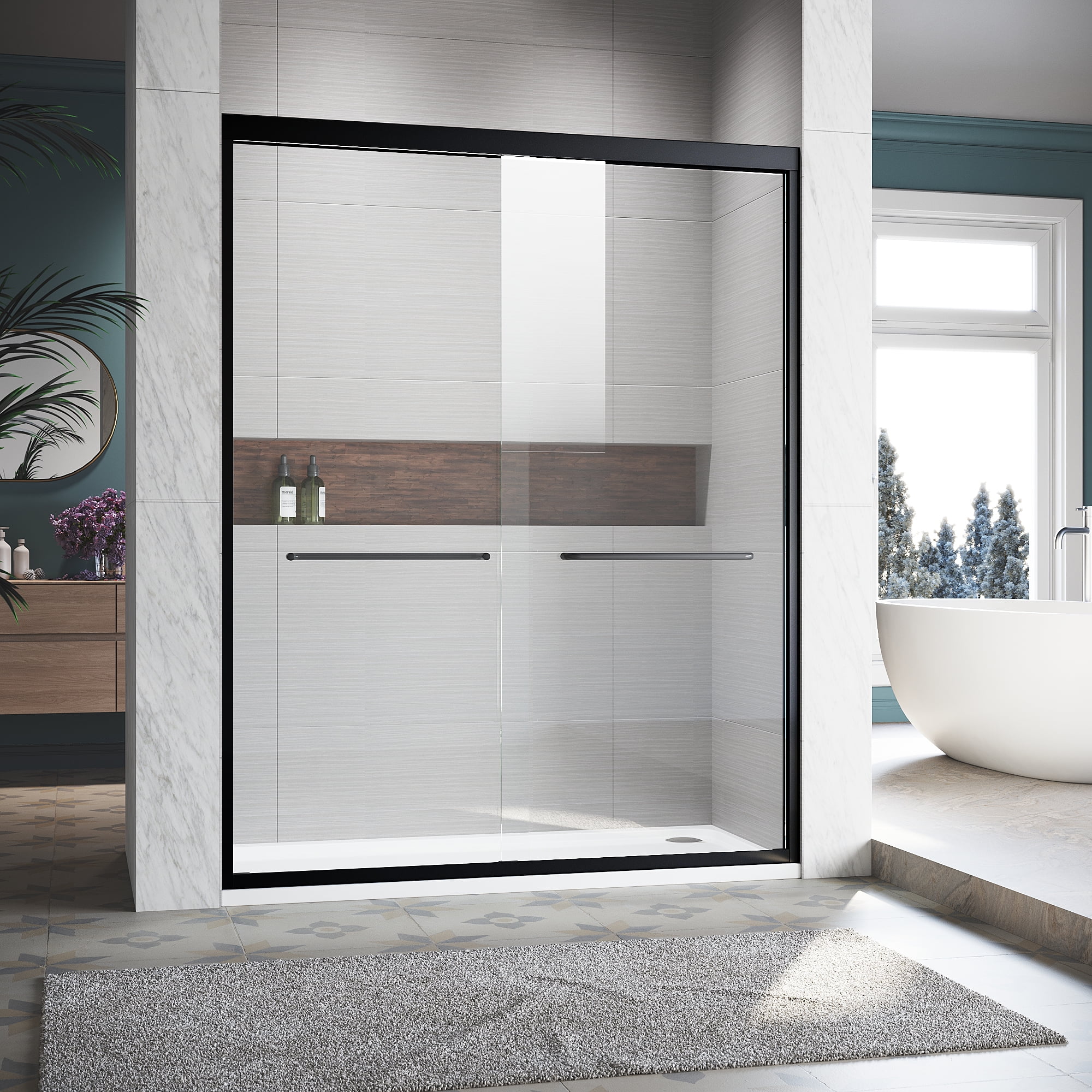 Sliding Shower Glass Door 50-54 in. W x 72 in. H, Adjustable Semi Frameless Shower Door, Certified Thick Clear Clear Tempered Glass, 304 Stainless Steel Handles, Black Finish
