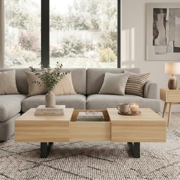 Sliding Top Coffee Table with Hidden Storage, Wood Center Table with Expandable Tabletop for Living Room, Mid Century, 42.80 x 25.20 x 15.70in, Natural