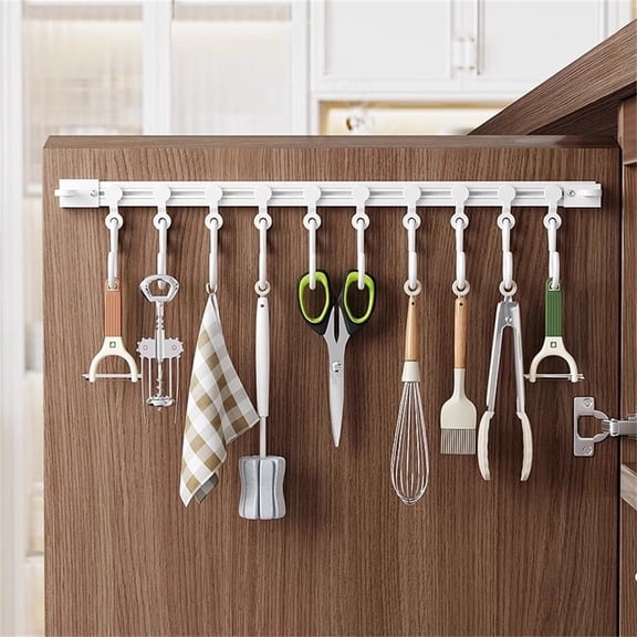 Sliding Track Hook Behind Cabinet Door - S Hook No Drilling Adhesive Wall Mounted Storage Rack for Kitchen Utensils Organizer - Hanging Shelf for Spatulas Ladles Towels Belts Scarves