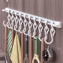 Sliding Track Hook Storage Rack | No Drill Adhesive S Hooks for Kitchen Cabinet Doors | Space Saving Utensil Organizer for Spatulas Spoons & Tools