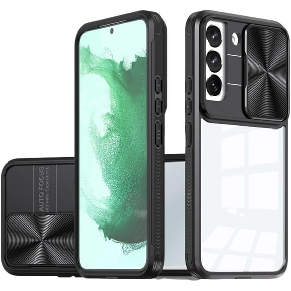 Sliding Window Clear Resin Phone Case for Samsung Galaxy S23 S22 Ultra Plus, Transparent Lens Protective Pop Back Cover, Shockproof and Drop-Proof Shell(Black,S23)