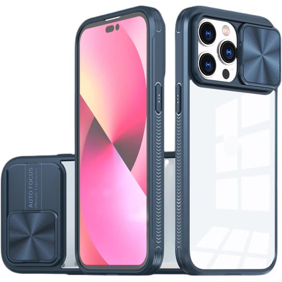 Sliding Window Clear Resin Phone Case for iPhone X XS XR SE 8 7 Plus Max, Transparent Lens Protective Pop Back Cover, Shockproof and Drop-Proof Shell(Navy,X/XS)