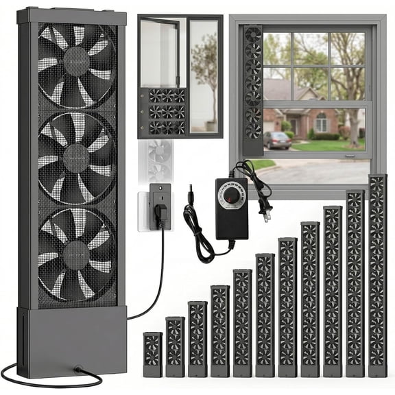 Sliding Window Extractor Fan, 4-Inch Adjustable Twin Window Fans with Reversible Intake, Black Slim Window Fan, Variable Speed Punch-Free Air Circulator for Kitchen(14-18in(35-45cm))