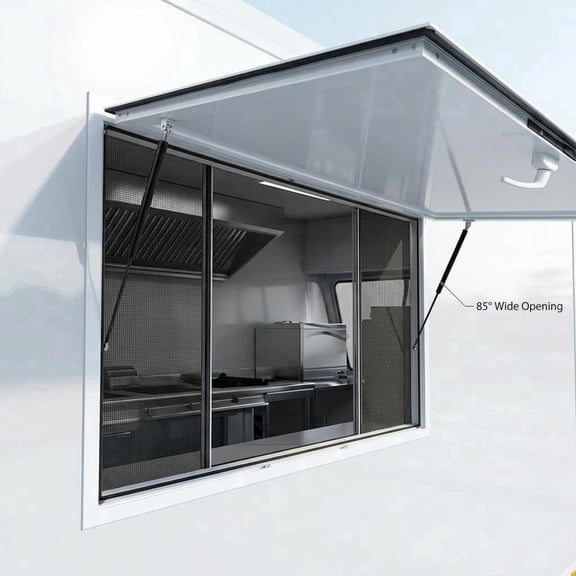 Sliding Window with Sunshade, 59in x 35In 85° Wide Opening, Double Hydraulic with Mesh Screen, for Ice Cream Shops Coffee Shops Dessert Shops or Food Festivals