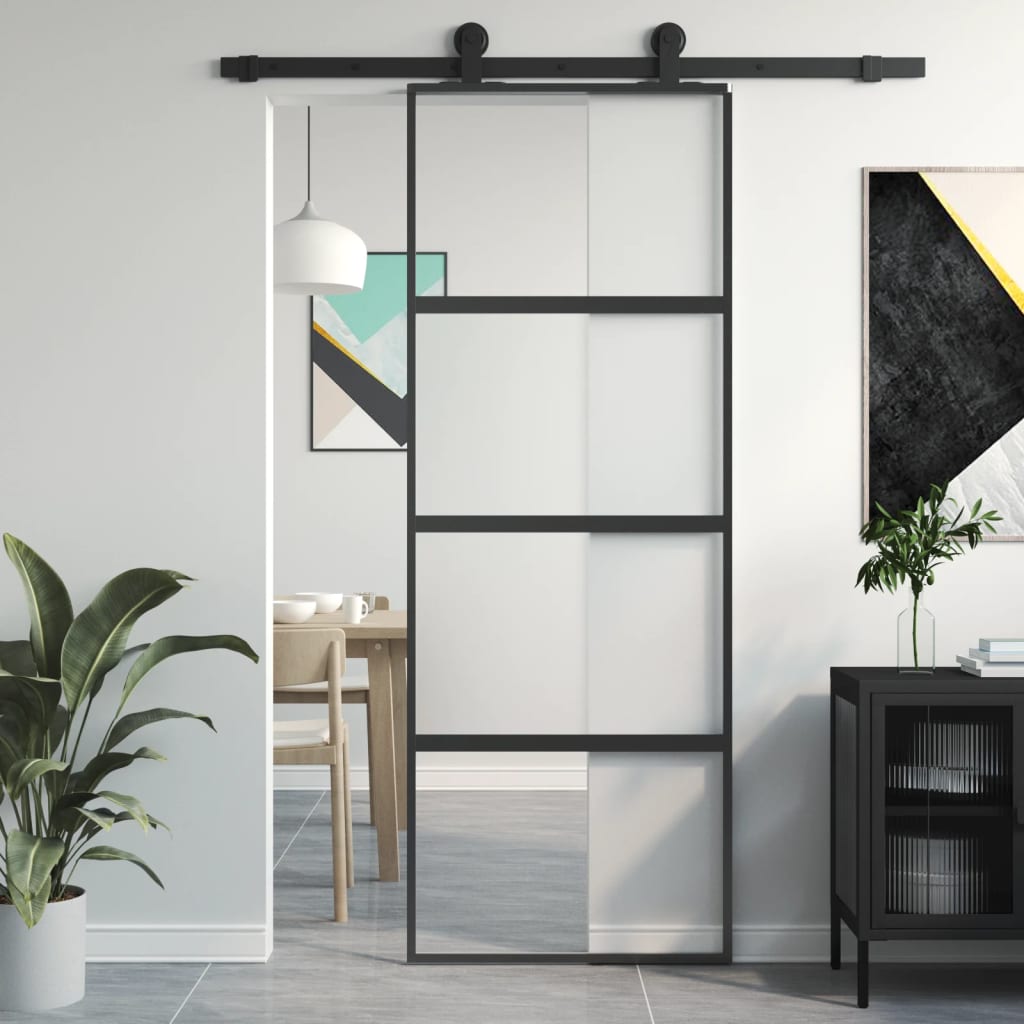 Sliding door black 76x205 cm tempered glass and aluminium