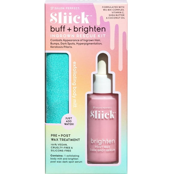 Sliick By Salon Perfect, Buff & Brighten Ingrown Rescue Kit, Contains 1 Exfoliating Body Mitt and Brightening Serum, Ingrown Hair Treatment,1 fl oz