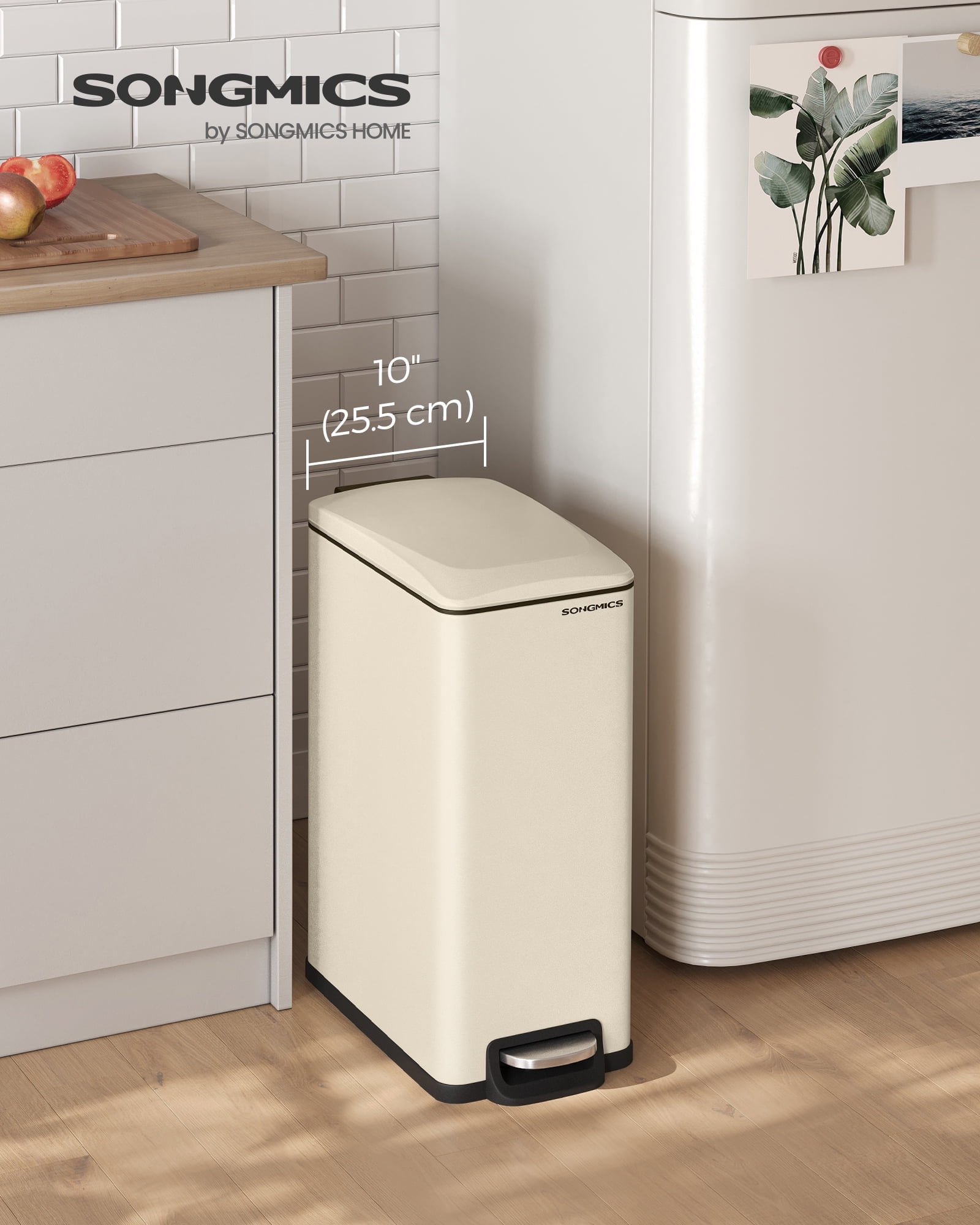 Slim 13-Gallon Trash Can - Stainless Steel Kitchen Garbage Bin with Soft-Close Lid, Pedal & Inner Bucket, 15 Bags Included, Sand Beige