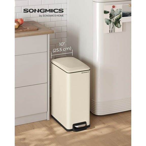 Slim 13-Gallon Trash Can - Stainless Steel Kitchen Garbage Bin with Soft-Close Lid, Pedal & Inner Bucket, 15 Bags Included, Sand Beige