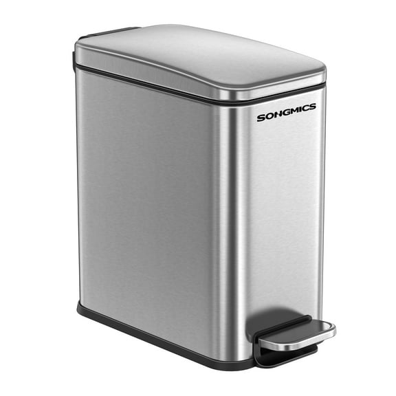 Slim 2.6 Gallon Bathroom Trash Can - Stainless Steel Garbage Bin with Soft-Close Lid & Foot Pedal, Space-Saving Design, Silver