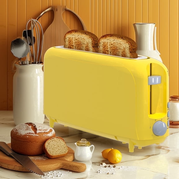 Slim 2-Slice Toaster, 10" Long Slot,6 Shade Settings with Cancel, Reheat & Defrost, Auto Shut off, Removable Crumb Tray,Yellow