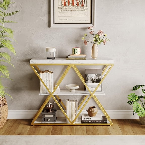 Slim 3-Tier Console Table - Rustic Farmhouse Design with X-Shaped Metal Legs – Gold Tube Frame with White Marble Top