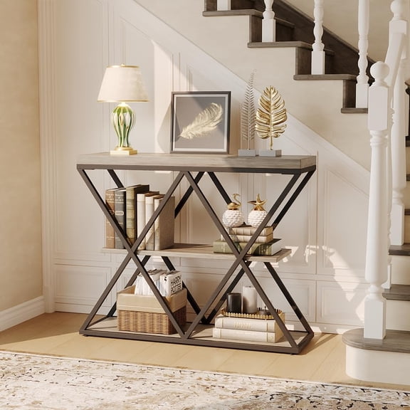 Slim 3-Tier Console Table - Rustic Farmhouse Design with X-Shaped Metal Legs – Grey