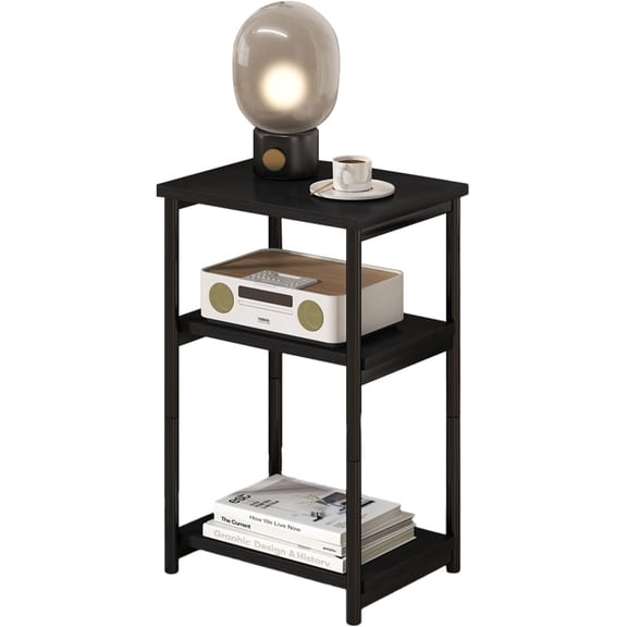 Slim 3-Tier End Table with Storage Shelves, Narrow Mobile Side Table for Small Spaces, Industrial Wood & Metal Sofa Table, Record Player Stand for Living Room, Bedroom, Home Office,Black