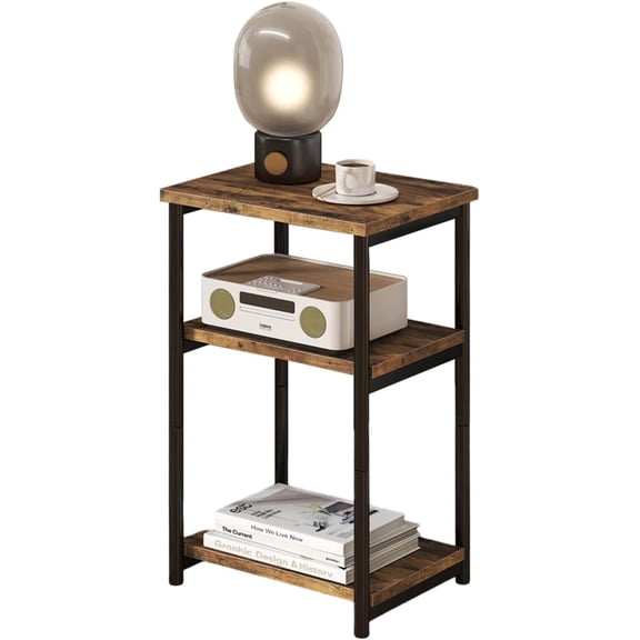 Slim 3-Tier End Table with Storage Shelves, Narrow Mobile Side Table for Small Spaces, Industrial Wood & Metal Sofa Table, Record Player Stand for Living Room, Bedroom, Home Office,Wooden Color