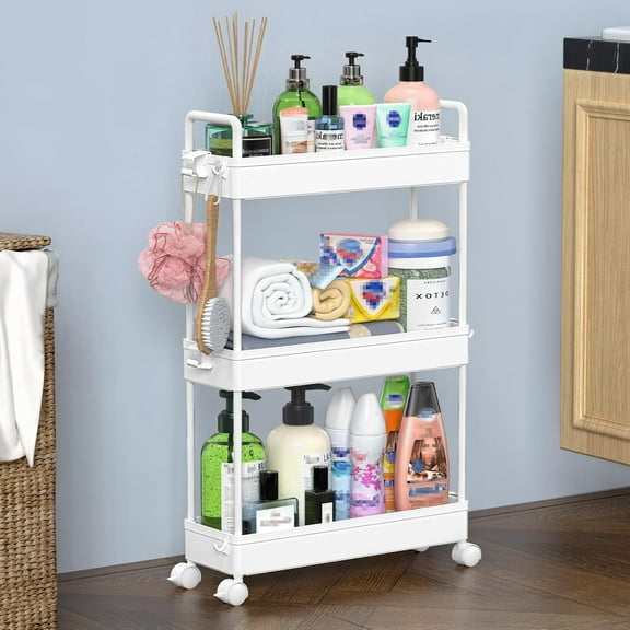 "Slim 3-Tier Rolling Storage Cart with Wheels, Narrow Bathroom & Laundry Room Organizer, Space-Saving Utility Cart for Kitchen, Office & Small Spaces, White"
