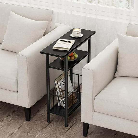 Slim 3-Tier Side Table for Small Spaces, Black Narrow End Table with Storage, Tall Nightstand for Living Room Bedroom