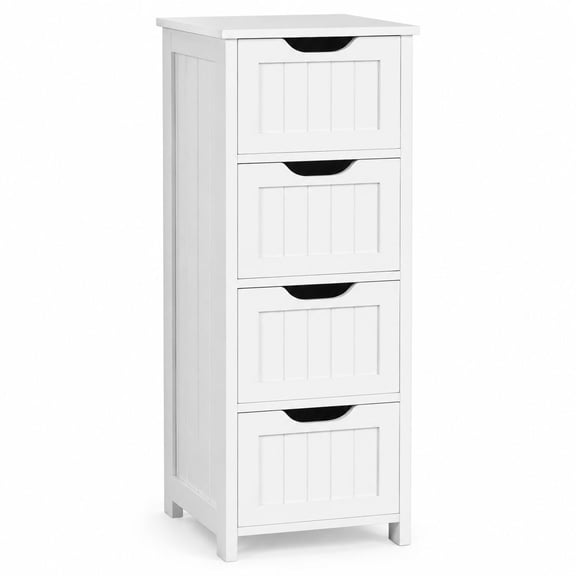 Slim 4-Drawer Bathroom Storage Cabinet, 12" Wide White Freestanding Organizer for Small Spaces, Beadboard Tower, 32.5"H P2 MDF Water-Resistant, Fits Beside Toilet or Vanity