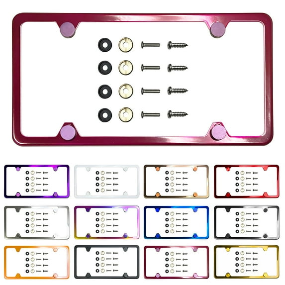 Slim 4 Holes Style Powder Coated Candy Pink Stainless Steel License Plate Frame with Aluminum Screw Cap