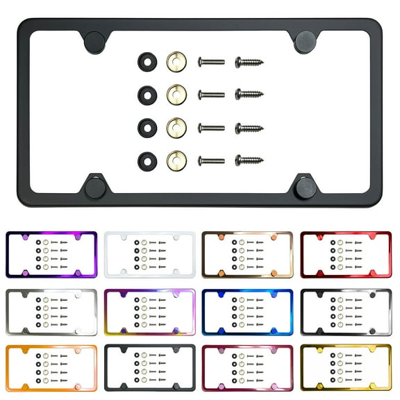 Slim 4 Holes Style Powder Coated Matte Black Stainless Steel License Plate Frame with Aluminum Screw Cap