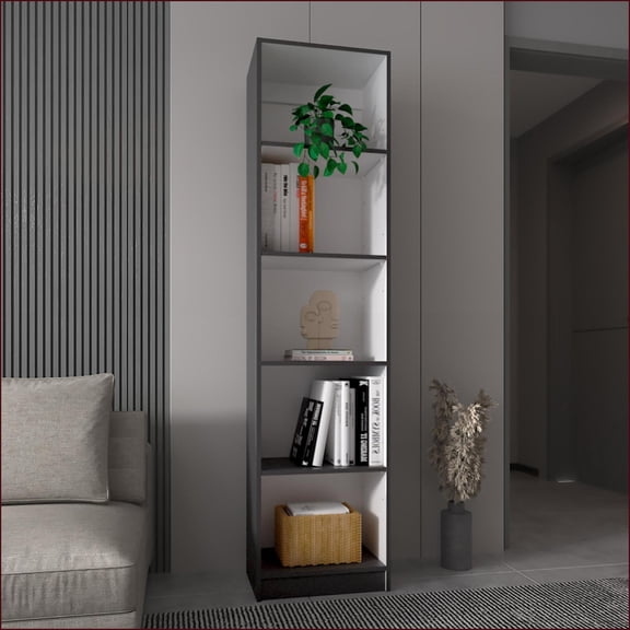 Bookcase, Slim 5-Shelf Modern Matt Gray & White | Grey+White | Primary Living Space