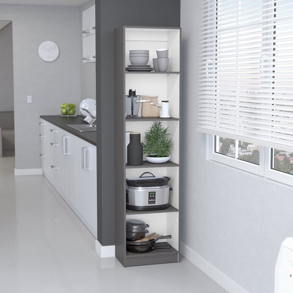 Slim 5-Tier Bookcase for Small Spaces - Matt Gray/White, Particle Board, 71 Tall Office Cabinet