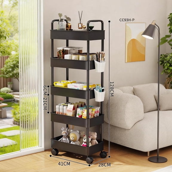 Slim 5-Tier Rolling Storage Trolley Cart with Handle – Narrow Utility Organizer Rack – Space-Saving Mobile Shelf for Kitchen, Bathroom, Laundry – 41x21x121cm