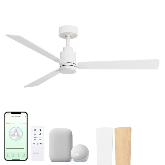 Slim 52in 3-Blade Smart Ceiling Fan 2700K-6000K CCT Tunable Range LED Light Kit with Remote Control and White Hardware with Reversible White or Natural Wood Blades Works With iOS or Android App