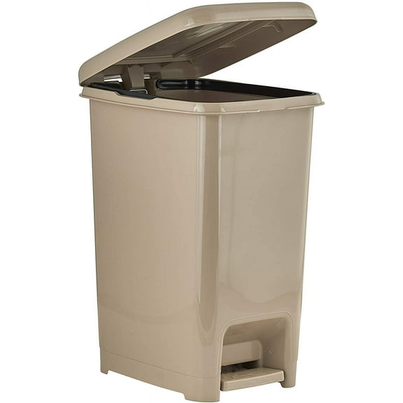 Slim 6.5-gallon Step on Trash Can with Lid. – Space Savor Trash Can, Good for Dorm Room, Kitchen, Bathroom, or Office, Keeps the Room Neat and Clean. Beige Color. By Superio.