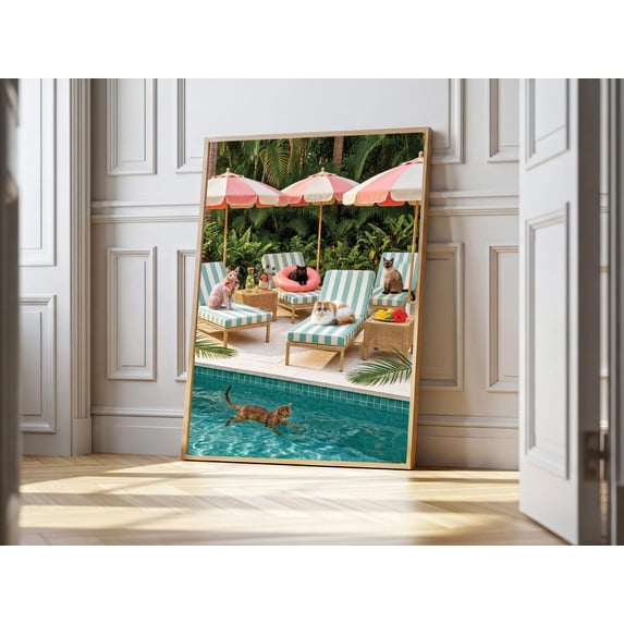 Pool Party Pets Slim Aaron's Cats Pool Party Whimsical Summer Vacation Poster , Poster ...