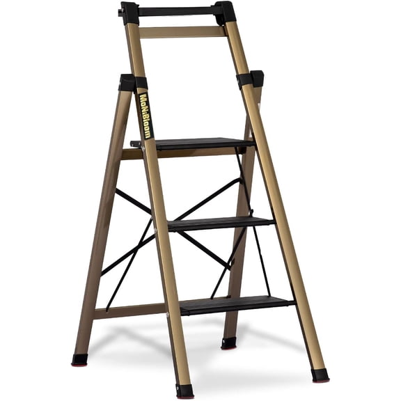 Slim Aluminum Alloy 3 Step Ladder with Tool Tray Lightweight Portable Folding Stepladder w/Wide Pedal for Home Improvement, Black/Gold