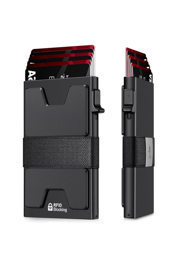 Slim Aluminum Card Holder Wallet for Men, Durable Expandable Backplate, RFID Blocking Minimalist Metal Pop Up Wallet, Holds Cards Plus Cash (Black)