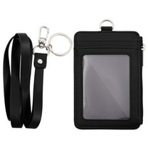 Slim Badge Holder Wallet, PU Leather Vertical Name Card Holder with 1 Key Ring, 1 ID Window, 4 Card Slots, 1 Side Zipper Pocket and 1 18.8" PU Neck Lanyard/Strap-Black