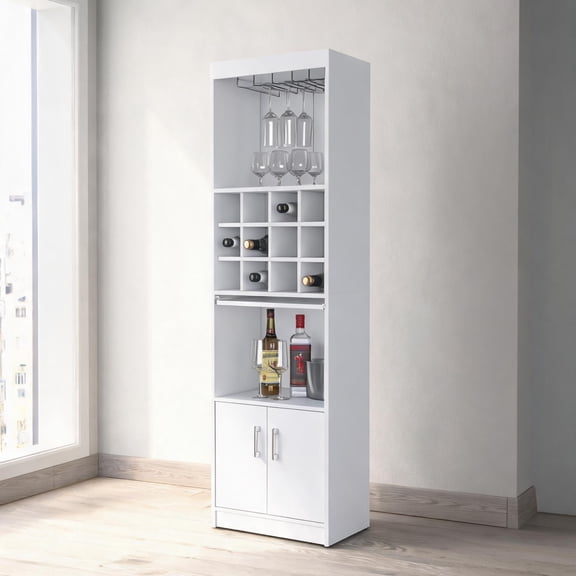 Slim Bar Cabinet with Wine Rack and Glass Storage, classic white engineered wood