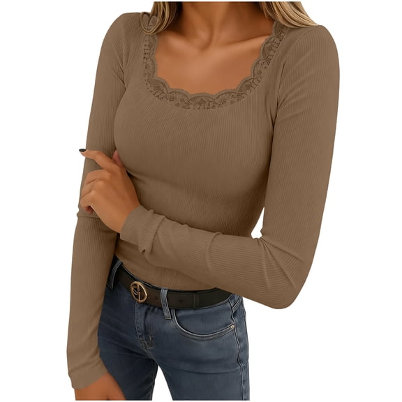 Slim Basic Shirts for Women, Low-Back Round Neck Lace Long Sleeve Tops, Fall Casual Ribbed Tops