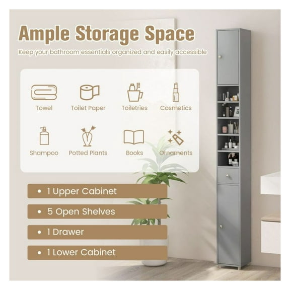 Slim Bathroom Cabinet with Drawer & Shelves, 71" Tall Storage Organizer, Freestanding Narrow Linen Tower for Small Spaces, Adjustable Shelves, Black/White/Gray