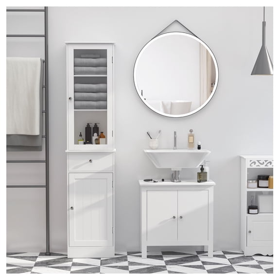 Slim Bathroom Cabinet - Tall Linen Tower with Acrylic Doors, Drawer & Shelves, White - Narrow Storage for Bathroom, Living Room, Kitchen