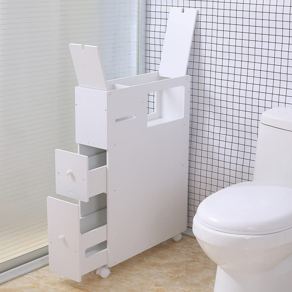 Slim Bathroom Cabinet with Wheels, Free Standing Storage Cabinet with ...