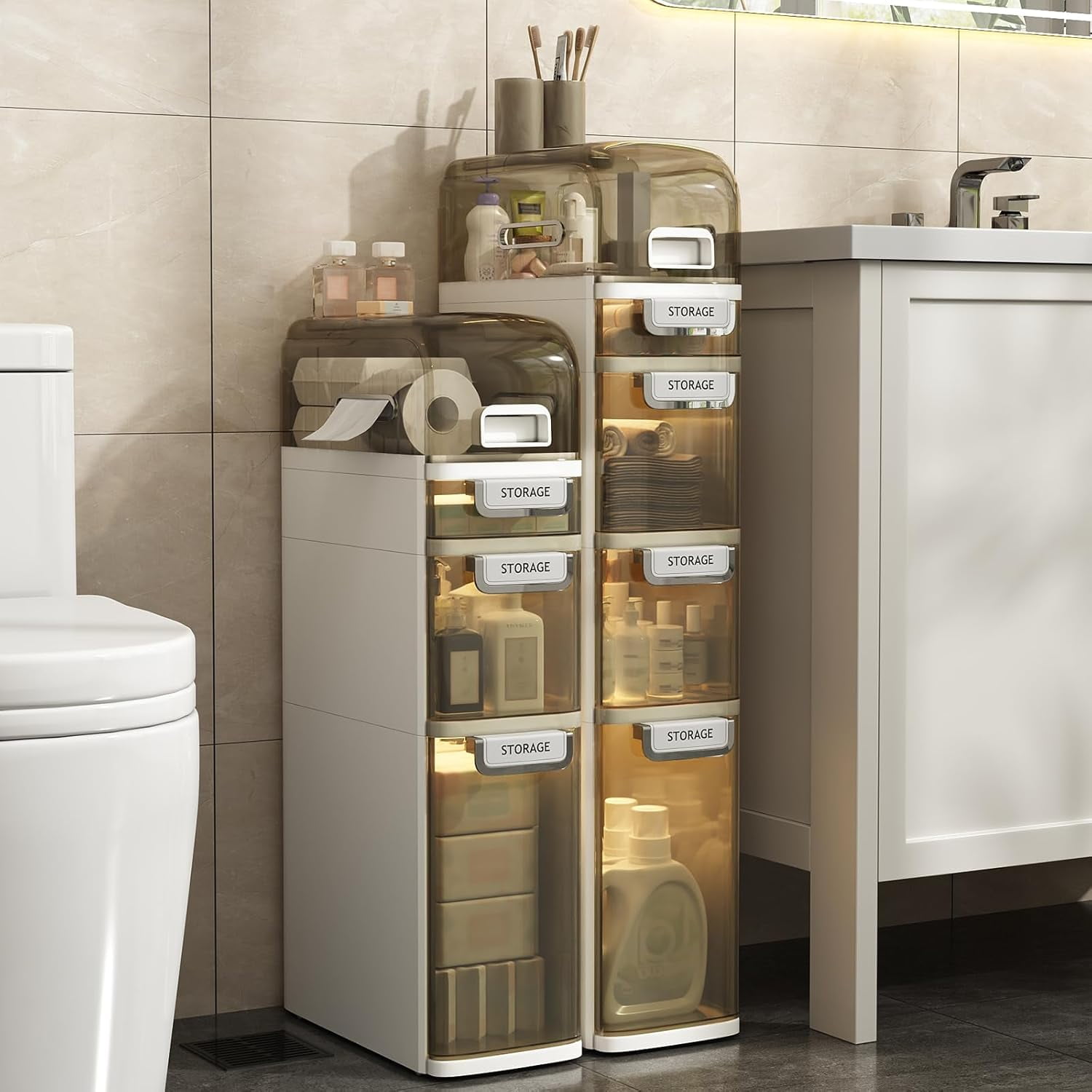 Slim Bathroom Storage Cabinet, 3 Tier Narrow Organizer with Wheels and ...