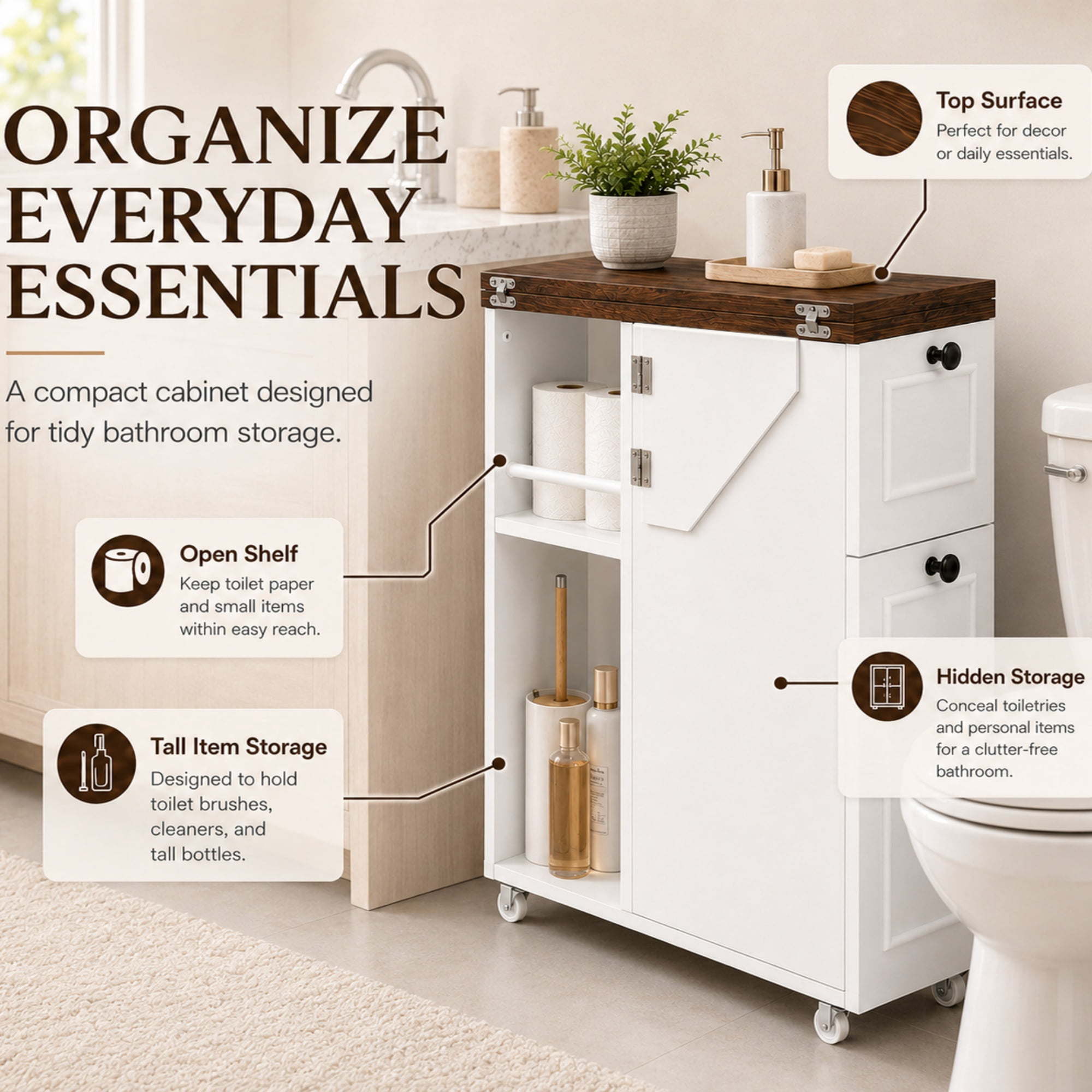 Slim Bathroom Storage Cabinet 32.28 Inch, Flip-Top Rolling Organizer with Wheels for Small Spaces, Narrow Side Cabinet for Bathroom and Laundry, White