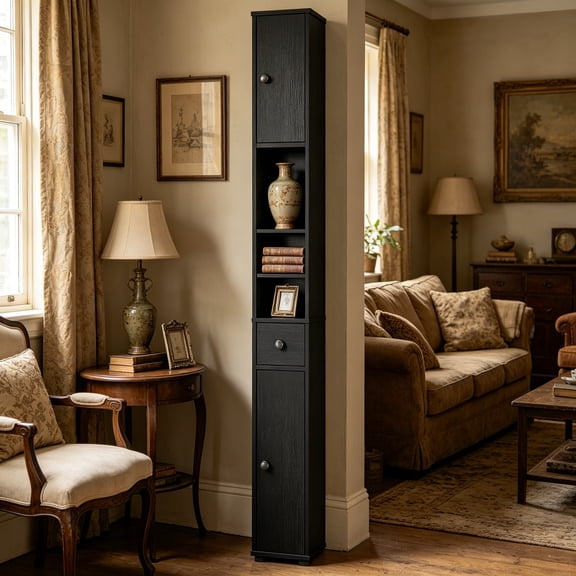 Slim Bathroom Storage Cabinet - 71" Tall Narrow Floor Cabinet Cupboard with 2 Doors, 5 Adjustable Shelves, 1 Drawer, Anti-Tipping Device, Thin Linen Tower Cabinet for Living Room, Black